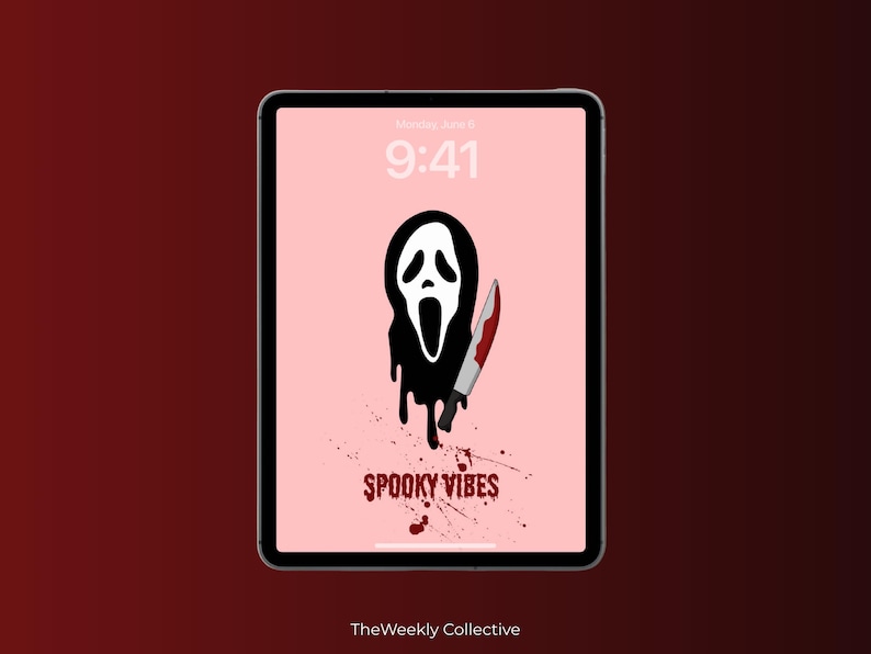 Two iPad wallpapers: one with a pink background featuring a ghost face mask holding a bloody knife with the phrase “Spooky Vibes” and blood splatter, and another with a pink background and dripping blood design, featuring the phrase “What’s your favorite scary movie?” with a ghost face graphic. Creepy Halloween horror iPad wallpapers, high-resolution instant download.