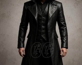 Trench-coat à capuche en cuir de mouton véritable fait main pour homme | Vêtements d'extérieur gothiques pour cosplay | Manteau long et sombre tendance pour Halloween