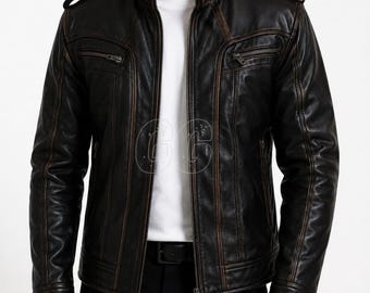 Men’s Black Vintage Leather Moto Jacket - Handmade Distressed Biker Style Zip Up Outerwear for Casual Streetwear - Gift For Him
