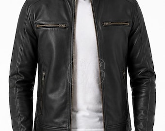 Men’s Black Lambskin Leather Biker Jacket – Slim Fit Moto Jacket With Snap Button And Zipper Closure Coat For Fall Winter Streetwear