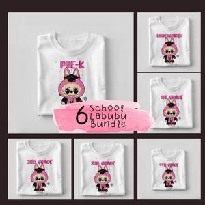 Back to School Labubu Bundle – Cute Pink Graduation Clipart Set for Pre-K to 4th Grade | Funny First Day of School PNGs for Kids