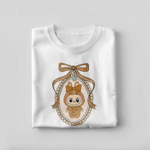 Clipart PNG SVG de chica labubu vintage, linda ilustración de conejito con lazo marrón, diseño de sublimación retro kawaii para camisetas y tarjetas