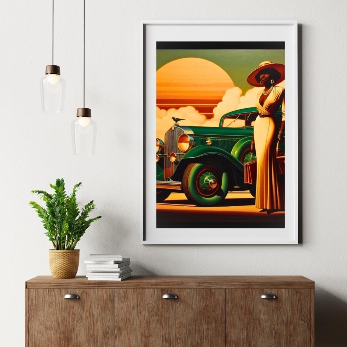Art Deco Black Woman Print: Vintage Car, Golden Hour Scene (digital ...