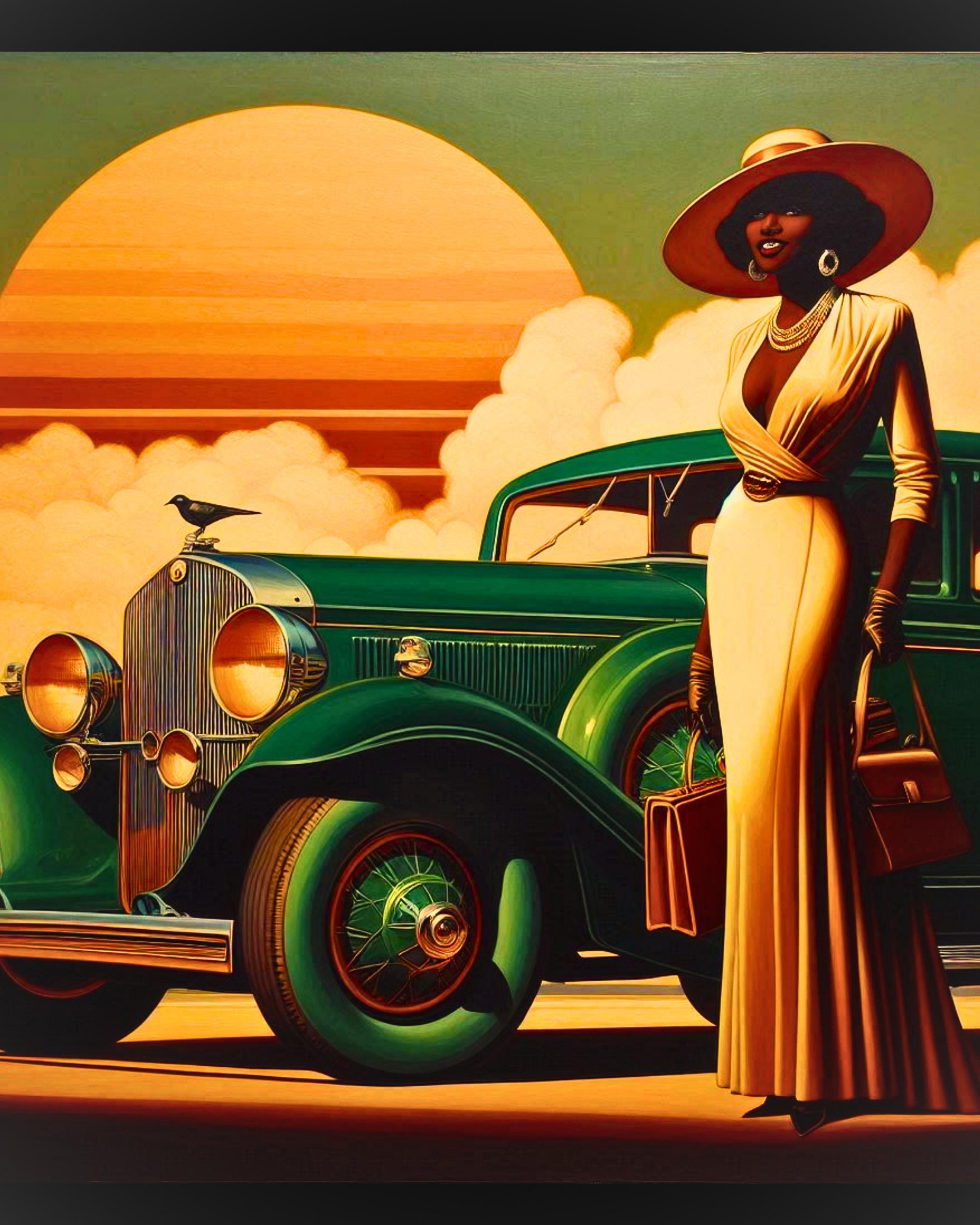 Art Deco Black Woman Print: Vintage Car, Golden Hour Scene (digital ...
