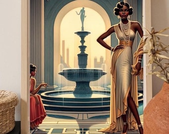 Whispers by the Water Art Deco Black Glamour Print: 1920s Jazz Age Fashion