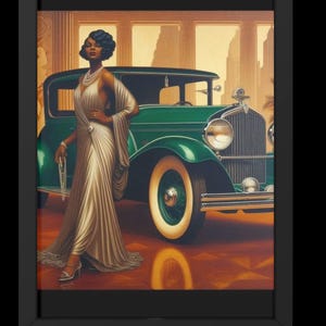 Silver Lady-Art Deco Elegance | Vintage Black Woman with Classic Car | Digital Art Print | 1920s Glamour Wall Art | Retro Luxury Home Decor