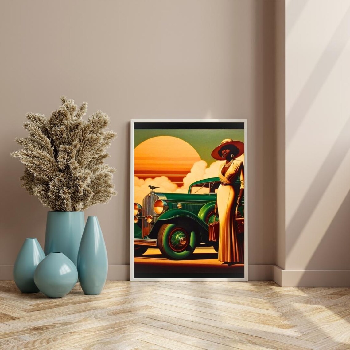 Art Deco Black Woman Print: Vintage Car, Golden Hour Scene (digital ...