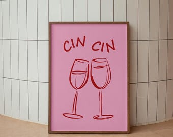 Impresión de copas de vino Cin Cin: Decoración moderna de carrito de bar rosa (descarga digital)