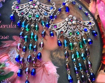 Long Crystal Chandelier Earrings, Rhinestone Decorated Peacock Colors
