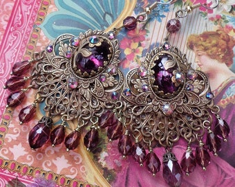 Neo- Victorian Crystal Filigree Gypsy Chandelier Earrings Antique Brass Exotic Bohemian Green White Color Options! Purple Pearl Blue