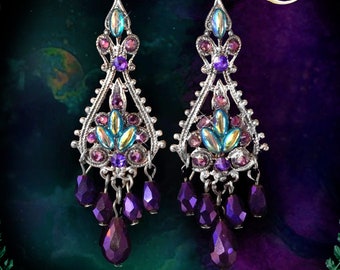 Purple & Green Mystical Dangle Chandelier Earrings, Renaissance Peacock Colors, Crystal Boho Victorian, Silver or Bronze, Clip-on Option