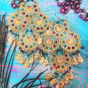 Large Boho Coin Earrings with Teardrop Charms and Crystal Rhinestones, Huge Exotic Filigree Statement Earrings- Gold, Silver or Bronze Metal