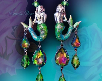 Fantasy Rainbow Crystal Mermaid Chandelier Earrings, Bright Green Gemini Twins Jewelry, Sparkly Rhinestone, Bronze or Silver, Clip-on Option