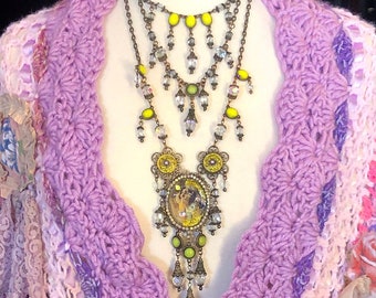 Lemon Yellow Aurora Borealis Crystal Gypsy Woman Necklace, Vintage Long Multi-Layered 3 Piece Necklace and Earring Set, Bronze Metals, Cameo