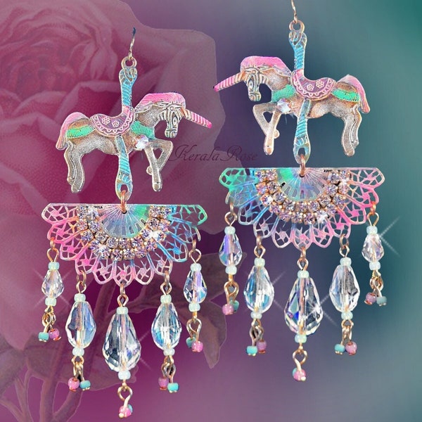 Pastel Carousel Horse Chandelier Earrings, Unicorn Fantasy Jewelry, 4" Crystal Pink, Aqua Blue, Mint Green, White, Sparkly!, Clip-On Option