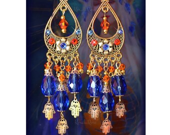 Blue & Orange Hamsa Hand Chandelier Earrings, Spiritual Bohemian Floral Jewelry,  Long Dangly Charm Earrings, Bright Gold, Ethnic Indian