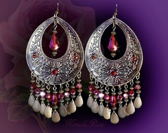 Ruby Red Boho Bronze Hippie Dangle Earrings, Sparkly Swarovski Crystal Rhinestone Chandelier Earrings, Ethnic Large Exotic Brass Teardrop