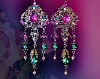 Fuchsia Pink & Emerald Green Renaissance Filigree Earrings, Gypsy Fortune Teller Chandelier Earrings, Clip-On Option, Ornate Jewelry, 4"