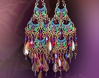 Bright Gold Hand-Painted Floral Chandelier Earrings, 5" Long Crystal East Indian Hippie Earrings, Bohemian, Green and Blue or Red and Purple