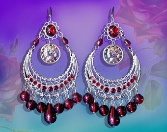 Garnet Red & Silver Hippie Hoop Earrings, Ethnic Large Exotic Crescent Moon Design with Coin Charms, Purple or Emerald Green, Large Mystical