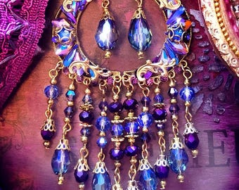 Ornate Crystal Moon Earrings with Sparkly Rhinestones, Magical Purple & Blue Celestial Chandelier Style, Boho Moon Goddess Jewelry