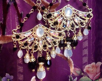 Exotic Black & White Opal Elegant Chandelier Earrings, Gold or Bronze Bohemian Peacock Fan Design, Ornate Crystal Dangle Earrings, Sparkly!