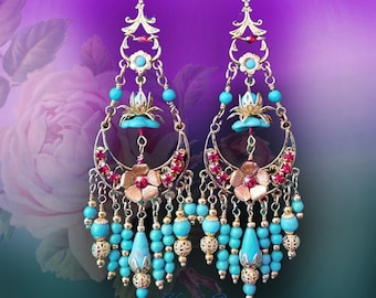 Boucles d'oreilles lustre bohème turquoise, boucles d'oreilles fleurs en perles de lotus dorées, bijoux tziganes en pierres précieuses, or ou argent, option à clipser