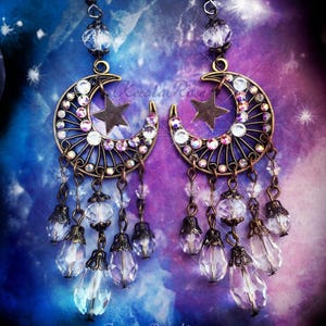 Sparkly Crystal Celestial Moon Earrings, Fantasy Crystal AB Jewelry, Sparkly Rhinestone Hippie Earrings, Bohemian Crescent Moon Earrings