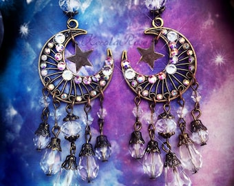 Sparkly Crystal Celestial Moon Earrings, Fantasy Crystal AB Jewelry, Sparkly Rhinestone Hippie Earrings, Bohemian Crescent Moon Earrings