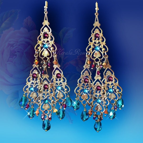 Boucles d'oreilles lustre antique en filigrane en cristal bleu paon et grenat des Indes orientales, légères, strass, ethnique marocaine, bronze ou argent