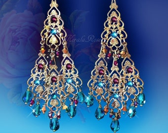 East Indian Peacock Blue & Garnet Crystal Antique Filigree Chandelier Earrings, Lightweight, Rhinestones, Ethnic Moroccan, Bronze or Silver