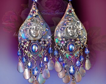 Spiritual Starseed Goddess Chandelier Earrings, Green Verdigris Patina Rustic Gemini Twins Jewelry, Art Nouveau Mucha Meditating Women