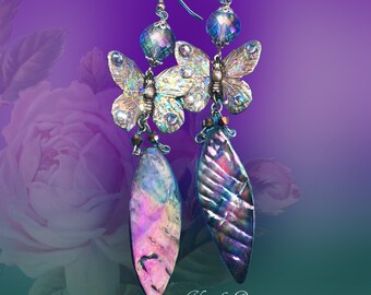 Holographic Butterfly Dangle Earrings, Aurora Borealis Mother of Pearl, Fantasy, Exotic Large Silver Butterfly Crystal, Silver or Bronze