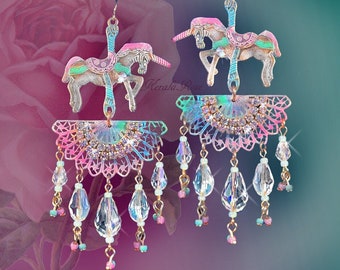 Pastel Carousel Horse Chandelier Earrings, Unicorn Fantasy Jewelry, 4" Crystal Pink, Aqua Blue, Mint Green, White, Sparkly!, Clip-On Option