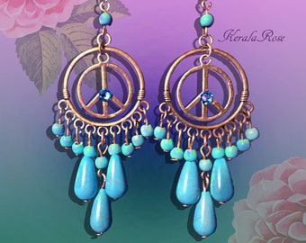 Turquoise Peace Sign Hippie Chandelier Earrings, Bronze or Silver, Magnesite Gemstone Aqua Blue, Peace and Love Design, Clip-on Option