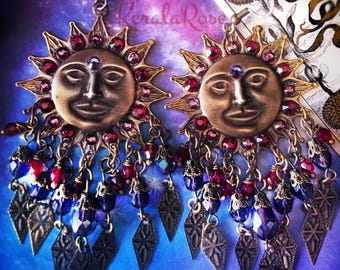 Large Sun Earrings with Red & Purple Crystal Beads and Diamond Charms – Fantasy Boho Jewelry, Unique Celestial Crown Chakra Earrings
