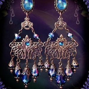 Boucles d'oreilles fantaisie bohème victorienne - Design bohème fleuri en filigrane avec gouttes de cristal scintillantes, bijoux artisanaux déesse mystique