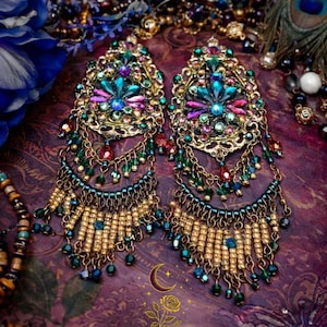 Maximalist Colorful Beaded Chandelier Earrings with Intense Sparkle!- Long & Large Show Stoppers, Glamorous Rhinestone Decorated Design