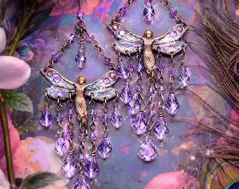 Pendientes de hadas de fantasía / Cuentas de cristal AB y alas brillantes / Fairycore / Pendientes colgantes de araña mística / Regalo para amantes de las hadas