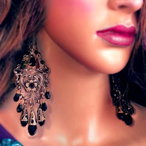 Gothic Chandelier Earrings with Crystal Beads & Ornate Floral Filigree, Antique Brass Victorian Goth Earrings, Fancy Black Boujee Earrings