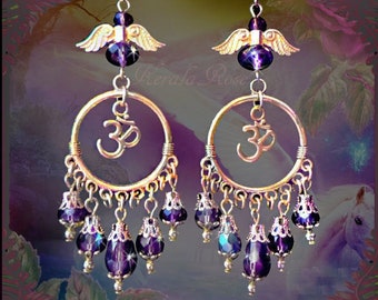 Amethyst Purple Crystal Om Earrings, Gold, Bronze or Silver Guardian Angel Earrings, Aum Symbol, Hindu, Buddhist, Spiritual, Gold Wings