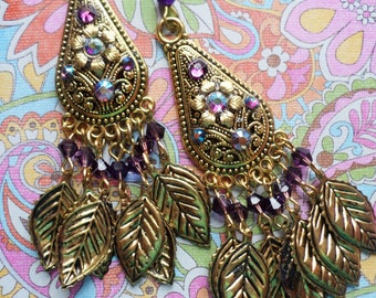 Antique Gold Floral Bohemian Chandelier Earrings, Leaf Dangle Charms, Metal Flower Earrings, Purple Crystal, Clip-On Option, Color Options!