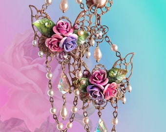 Hand-Painted Pastel Victorian Rose & Butterfly Earrings, Draped Pearl Chandelier Earrings, Flower Fantasy, 4", Feminine Floral, Pretty!