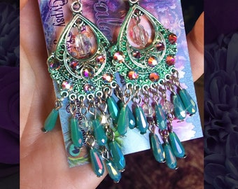 Periwinkle Blue Crystal Chandelier Earrings, Bohemian Hippie Jewelry, Antique Ethnic Style Accessory, Powder Blue, Seafoam Green Option