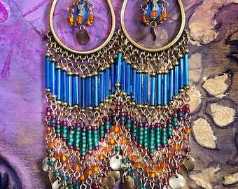 Long Boho Chandelier Earrings with Colorful Aqua Glass Beads & Coin Dangles, Exotic Hippie Jewelry, Bohemian Charm Earrings