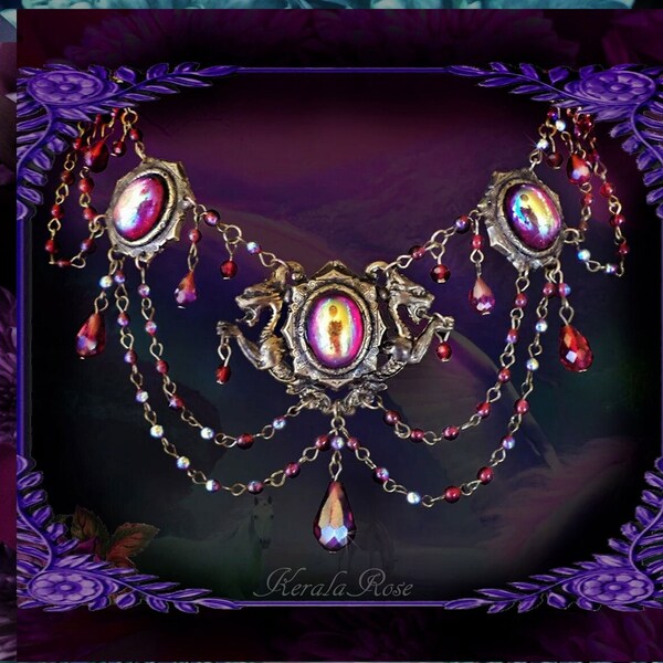 Collier gargouille orné de perles rouges, bijoux drapés mystiques Renaissance, bohème gothique victorien, dragons mythiques chimères, bijoux rouges