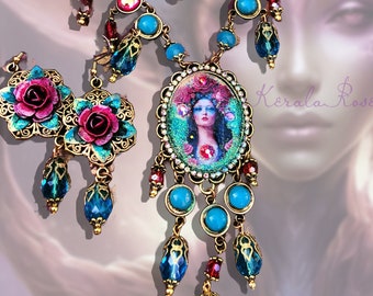 Gold, Red & Turquoise Fantasy Rose Goddess Cameo Necklaces and Earring Set, Framed Woman Rhinestones and Glass Jewels, Red Blue Sparkly!