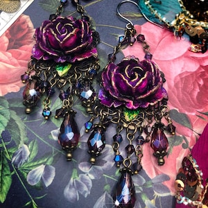Large Rose Statement Earrings with Crystal Beads, Hand Painted Floral Chandelier Earrings, Unique Victorian Bridal Earrings, Pink or Purple
