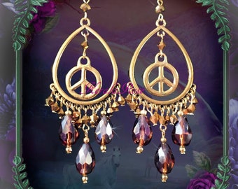 Bright Gold Peace Sign Hippie Chandelier Earrings,Topaz Crystal Hoop Earrings, Bohemian Boho Clip-On Option, Silver Or Gold, Clip-on Option
