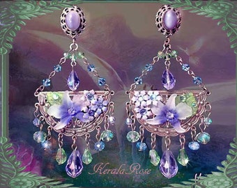 Lavender Purple Orchid Crystal Chandelier Earrings, Light Green, Delicate Antique Flower Earrings, Fantasy Victorian Floral Jewelry, Pretty!